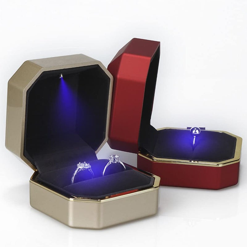 AVESON Luxury Ring Box, Square Velvet Wedding Ring Case Jewelry Gift Box with LED Light for Proposal Engagement Wedding, Gold - Image 3